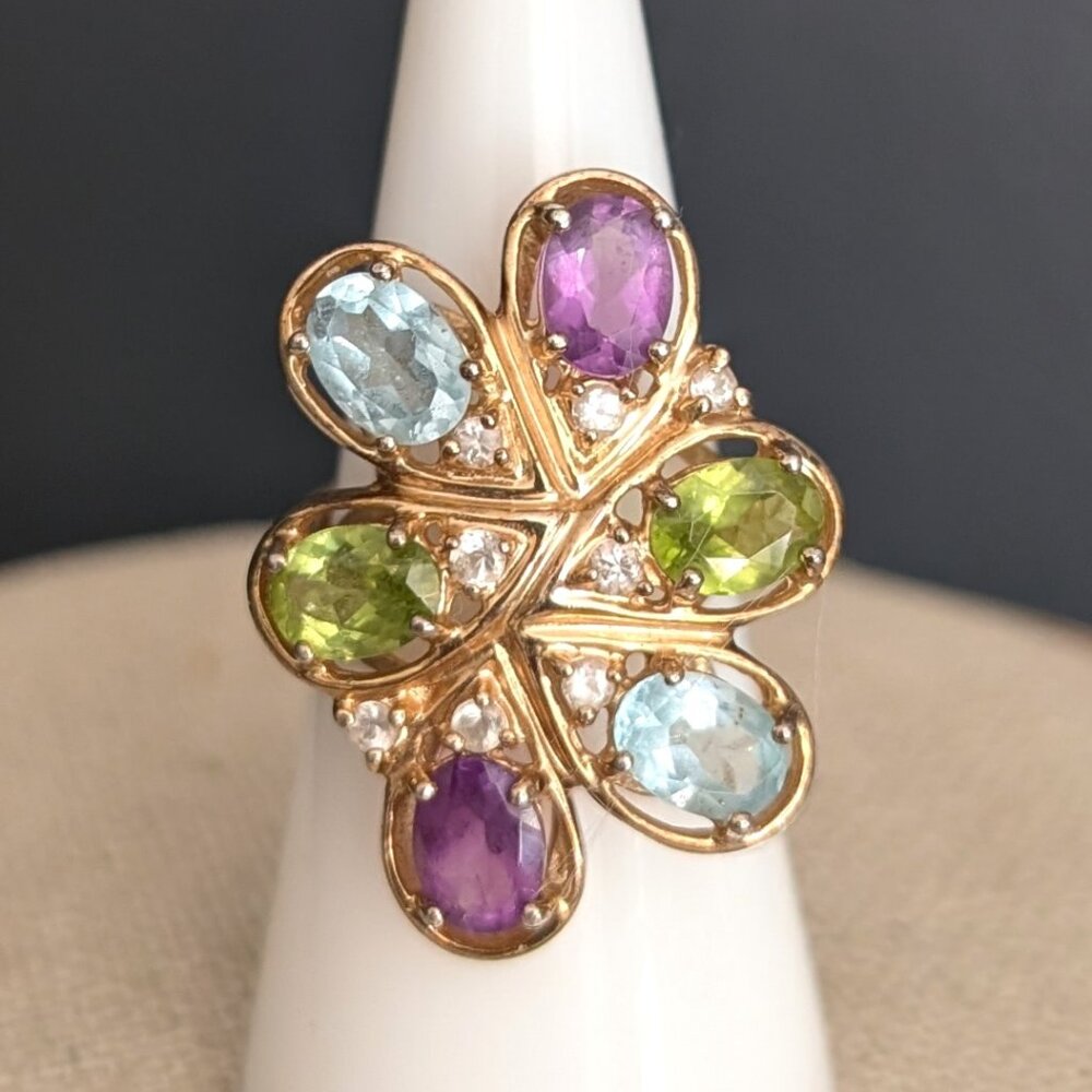 Blue, purple and green glass statement ring